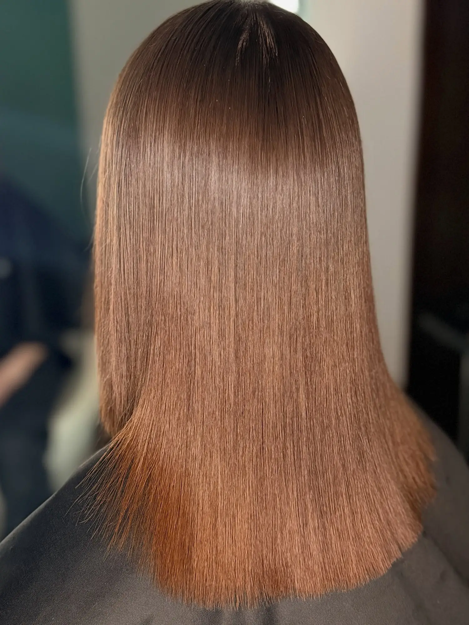 Capelli castani lunghi, lisci e lucidi, visti da dietro